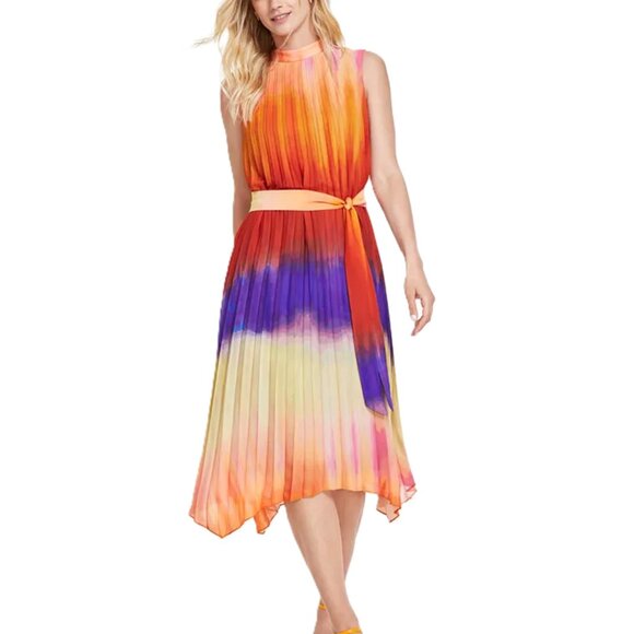 Tahari ASL Ombre' Pleated Trapeze Midi Dress Sz 6 Handkerchief Hem MSRP $169 New - Picture 1 of 15